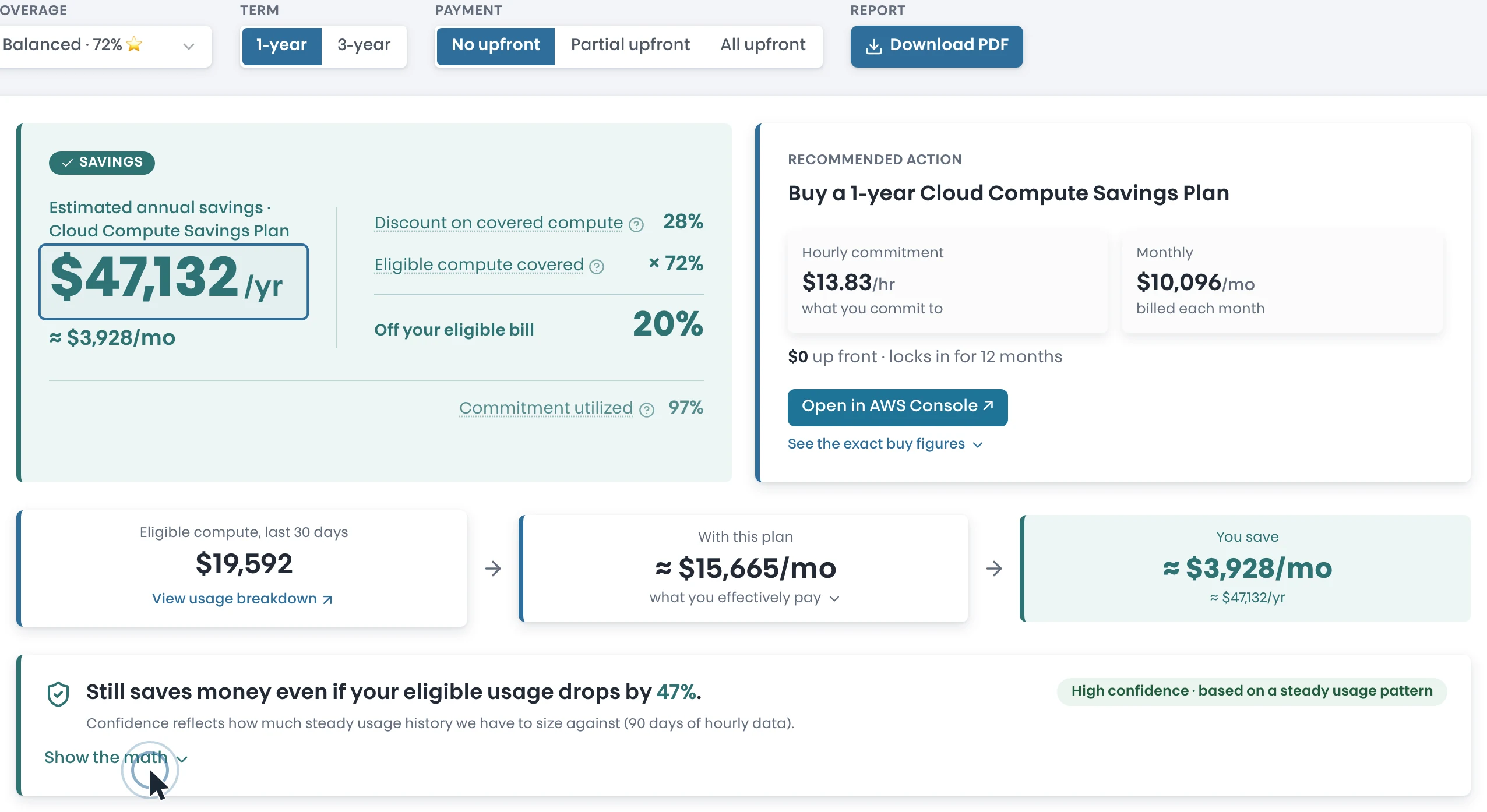 Cloud Compute Savings Plan recommendation: $47,132/yr estimated savings with the discount math, hourly commitment, and confidence band