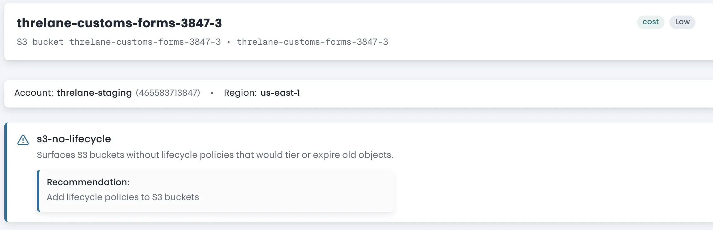 A Sentasity finding naming the S3 bucket, its account and region, and the recommended lifecycle fix