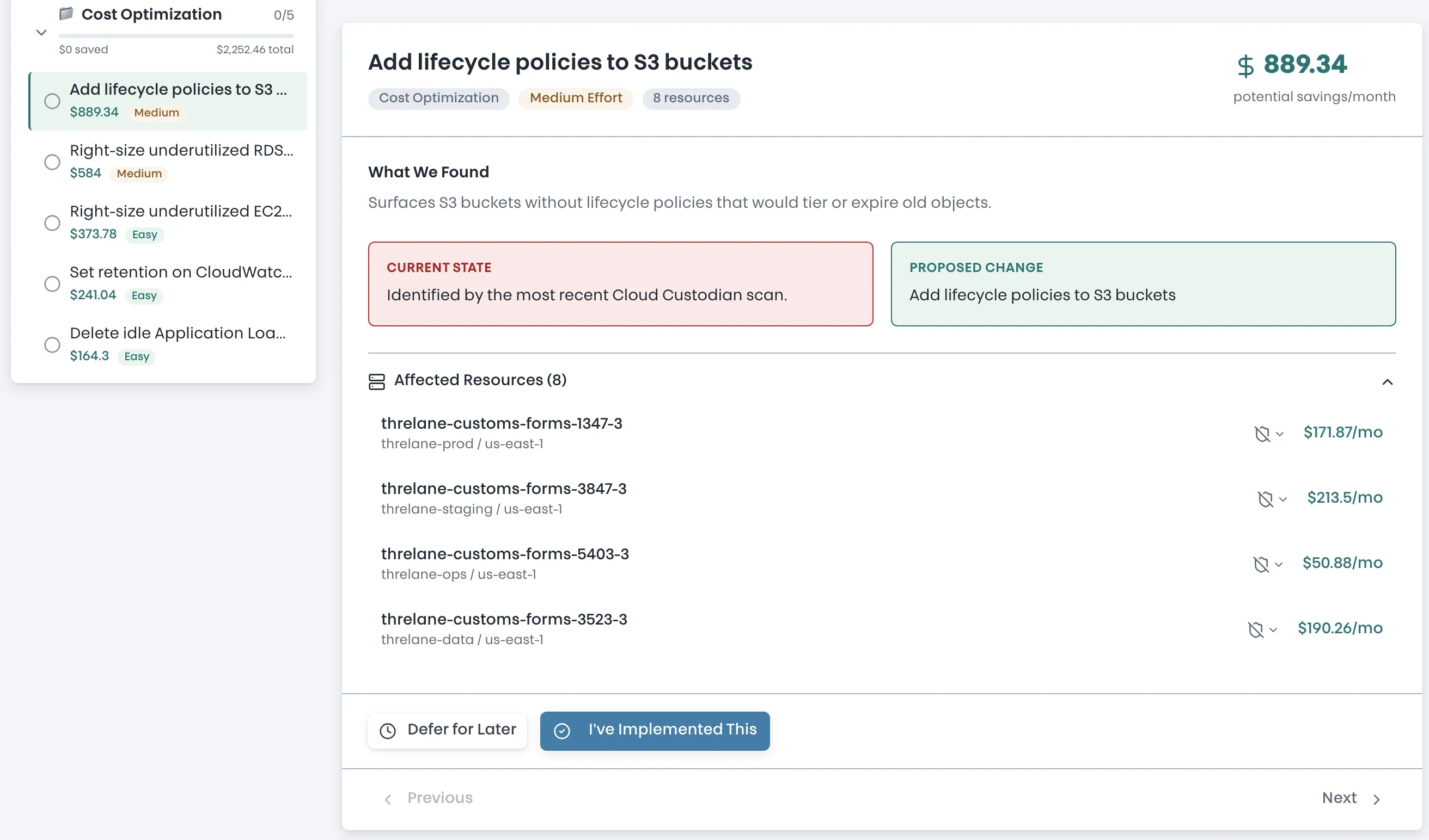 The guided walkthrough presenting a single recommendation with implement, defer, and skip actions