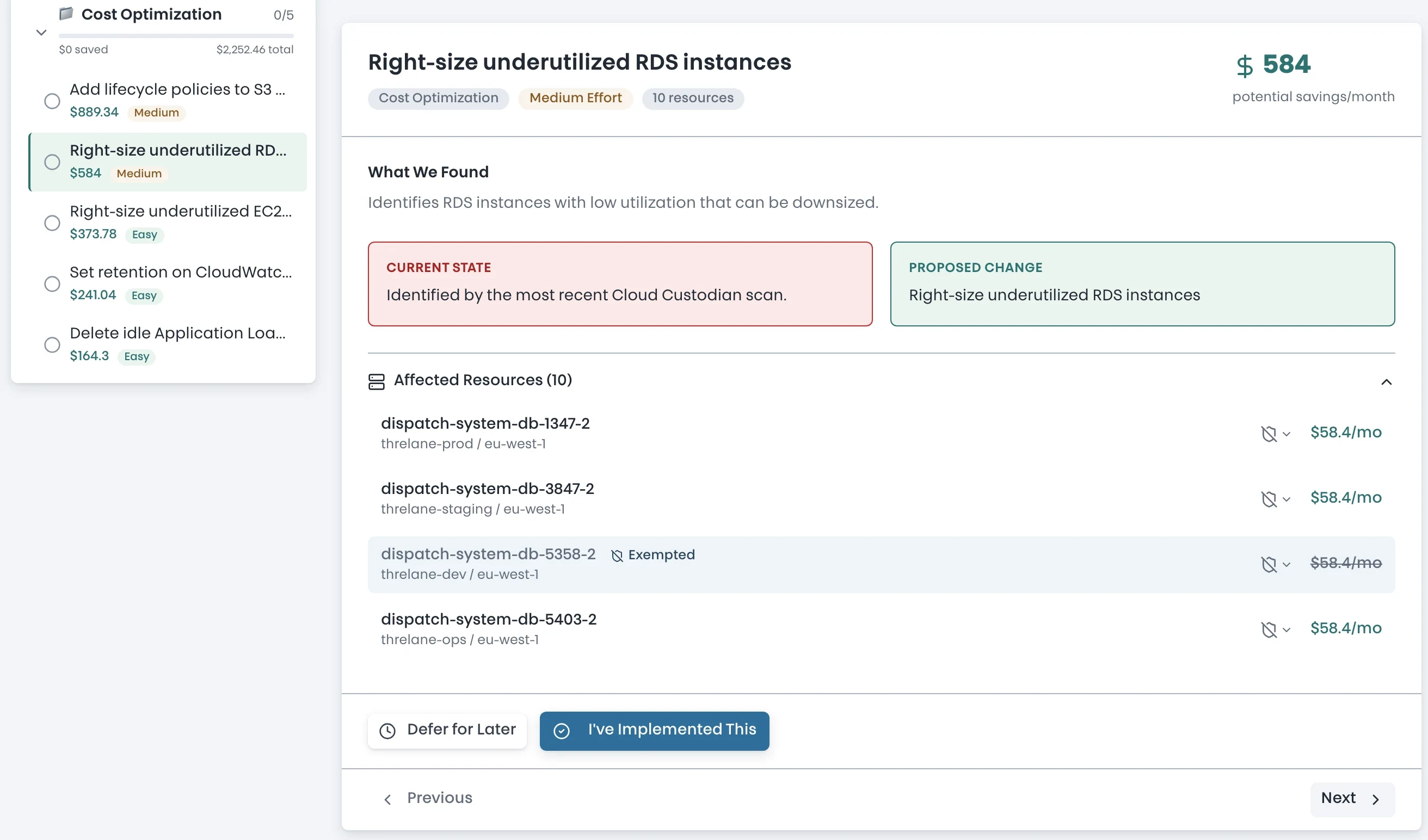A single walkthrough recommendation showing the finding, per-resource costs, effort level, and implement or defer actions