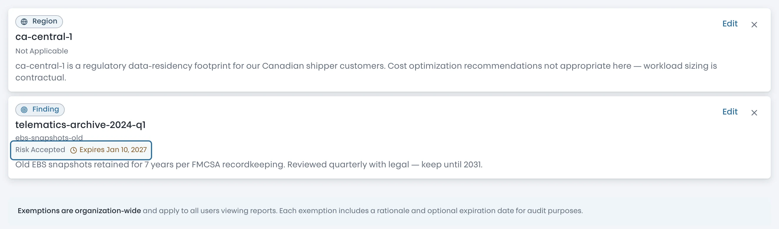 Exemption cards: a region and a finding exempted with recorded reasons and an expiration date